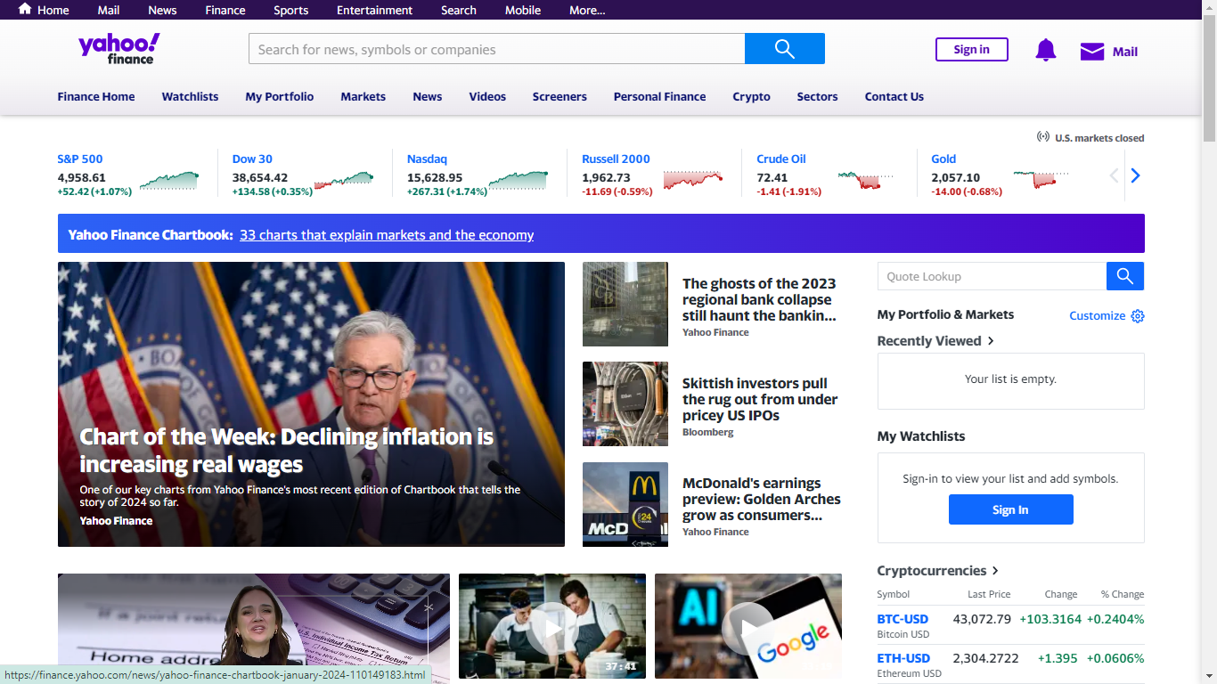 Yahoo Finance Home Page