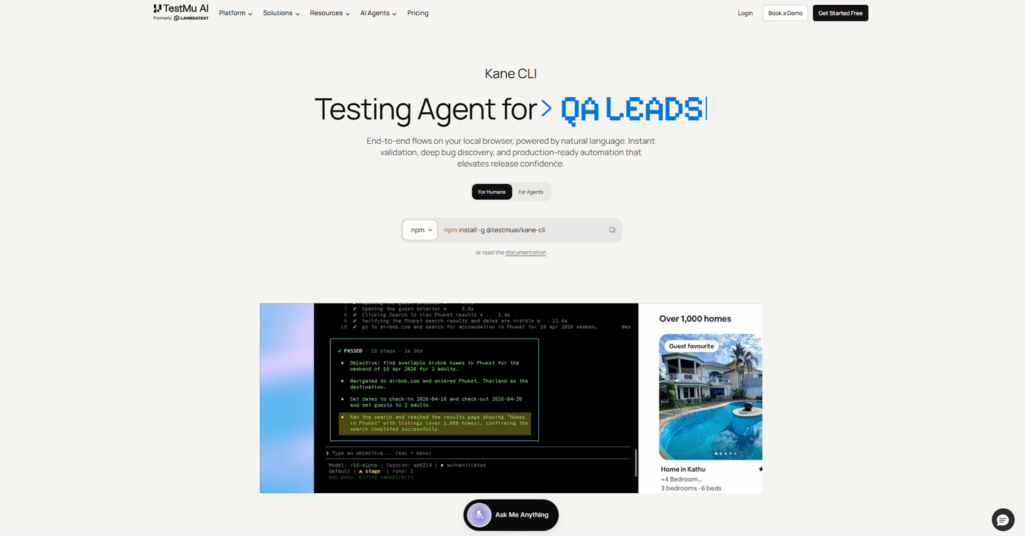 Kane CLI by TestMu AI Home Page